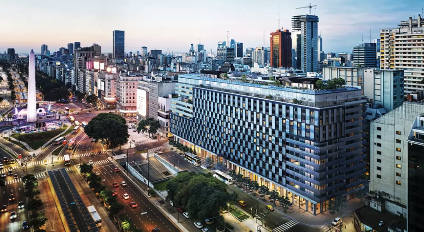 Render del nuevo Edificio del Plata con vista al Obelisco y skyline de Buenos Aires
